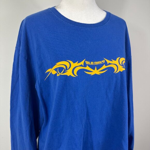 Vintage Y2K Old Navy Outlet Blue Long Sleeve TShirt Yellow Tribal Graphic Mens L - Picture 7 of 7